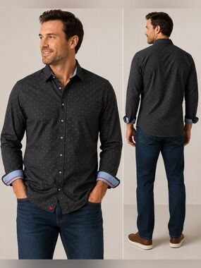 Butter Cloth Men’s 2XL Black Geometric Print Button Up Shirt Long Sleeve Stretch